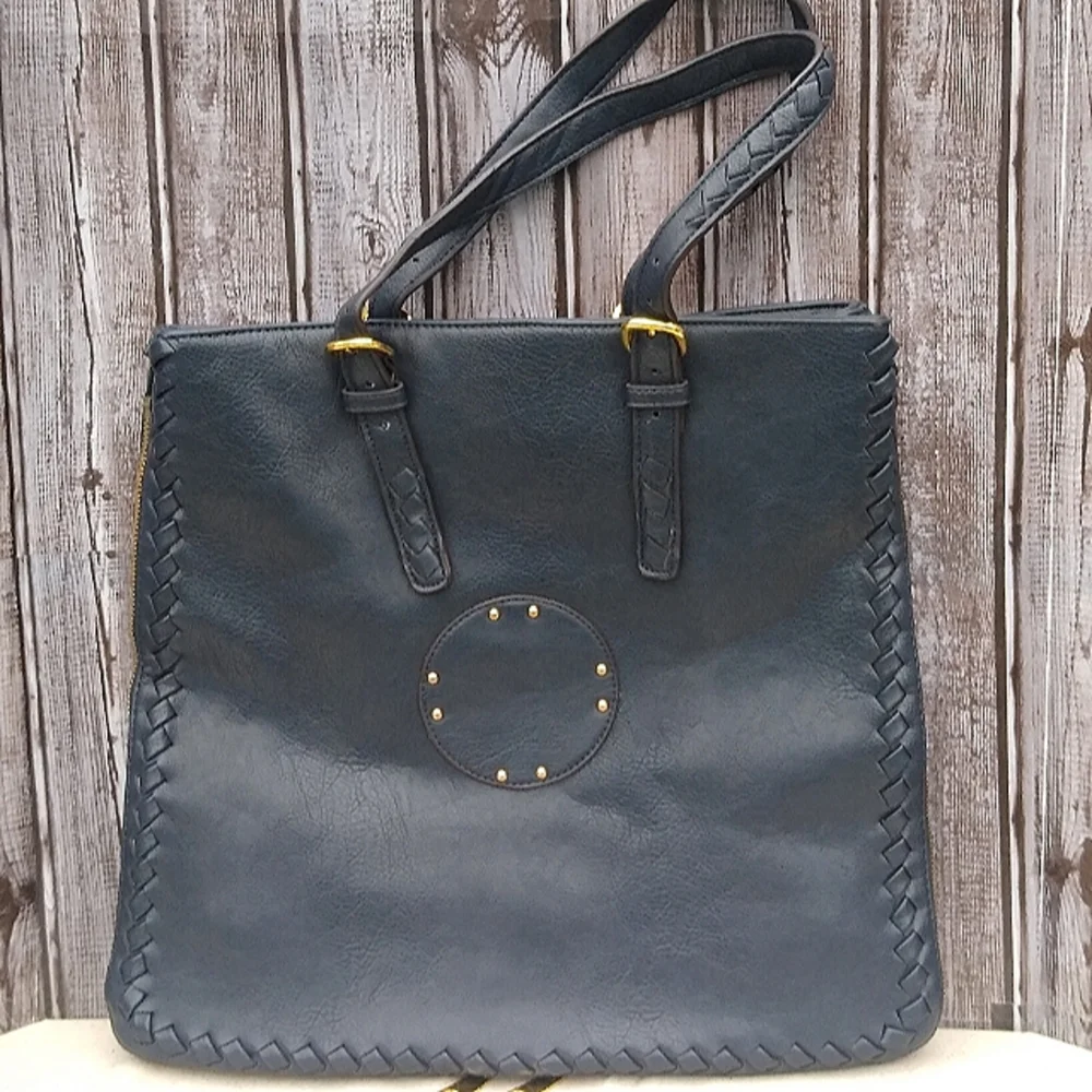 Leather Messenger Tote Bag Expandable Convertible Bag Navy Blue - Picture 16 of 16